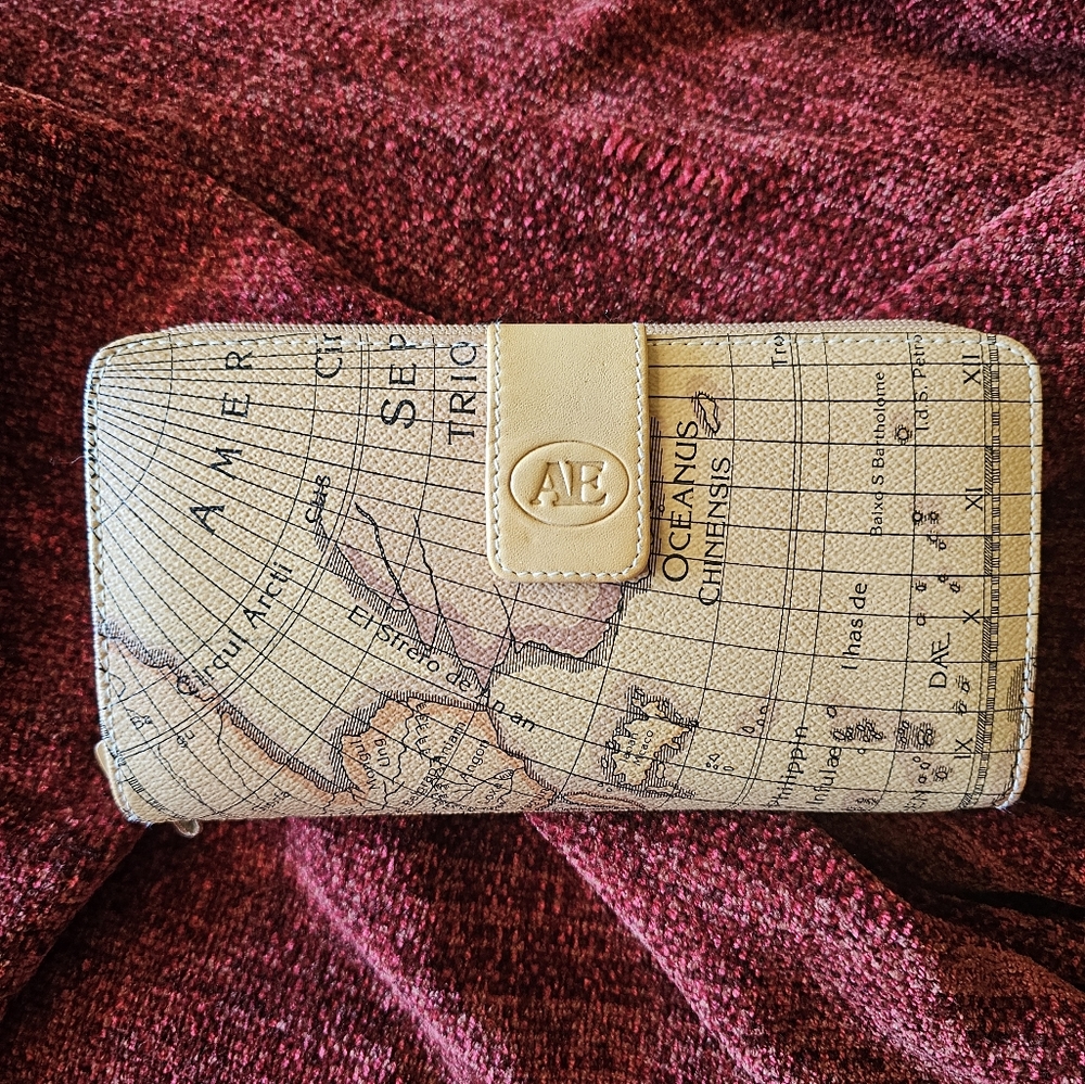 Unused/new Tan Wallet with Vintage Map Design + Checkbook Cover